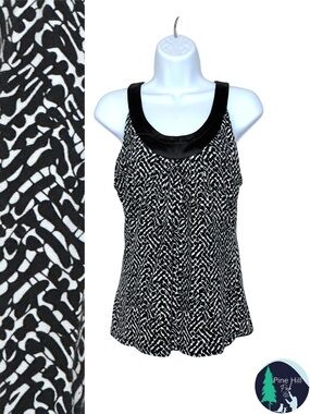 Ann Taylor Petite Blouse Sleeveless Tank Black White Abstract Satin Trim MP EUC